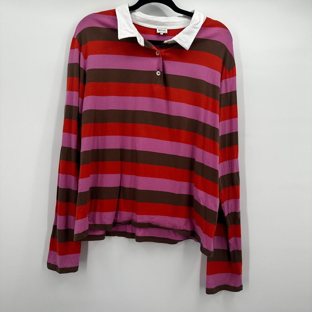 Kule Rugby Shirt Mens‎ XL Red Pink Brown Striped Long Sleeve Cotton Polo